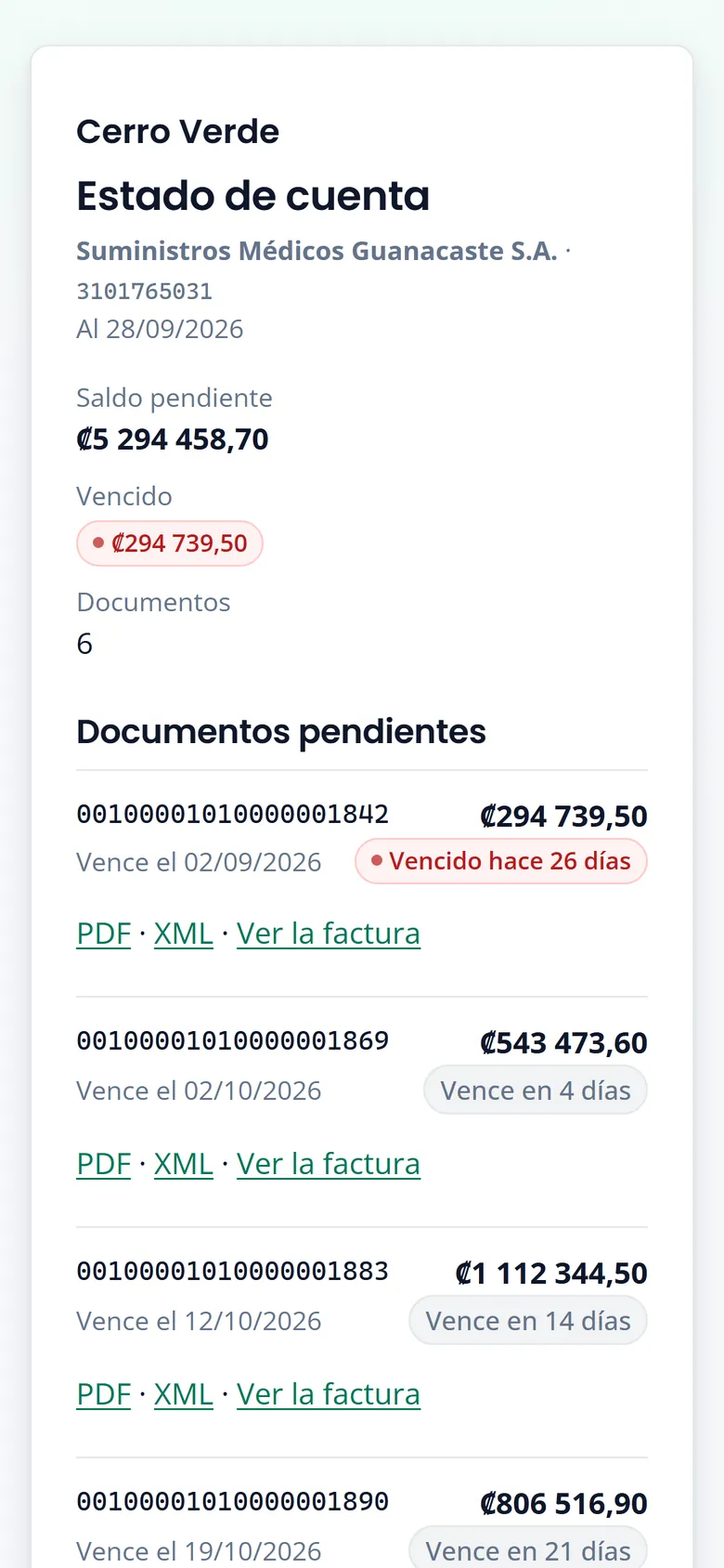Estado de cuenta que recibe el cliente en su teléfono: saldo pendiente, lo vencido y cada documento con su vencimiento y enlaces al PDF y al XML.
