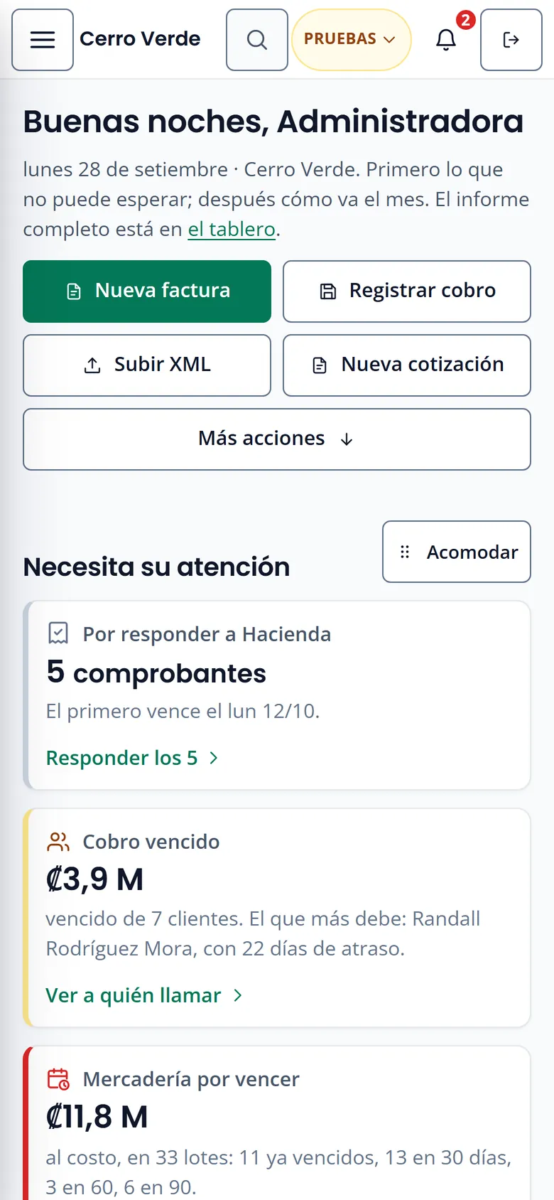Inicio de Kiwi ERP: «Necesita su atención» con 5 comprobantes por responder a Hacienda, ₡3,9 millones de cobro vencido y ₡11,8 millones de mercadería por vencer.